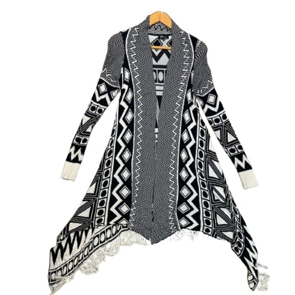 Sisters Sweaters - Sisters Cardigan Sweater Aztec Print Black And White Open Front Long Sleeve XL
